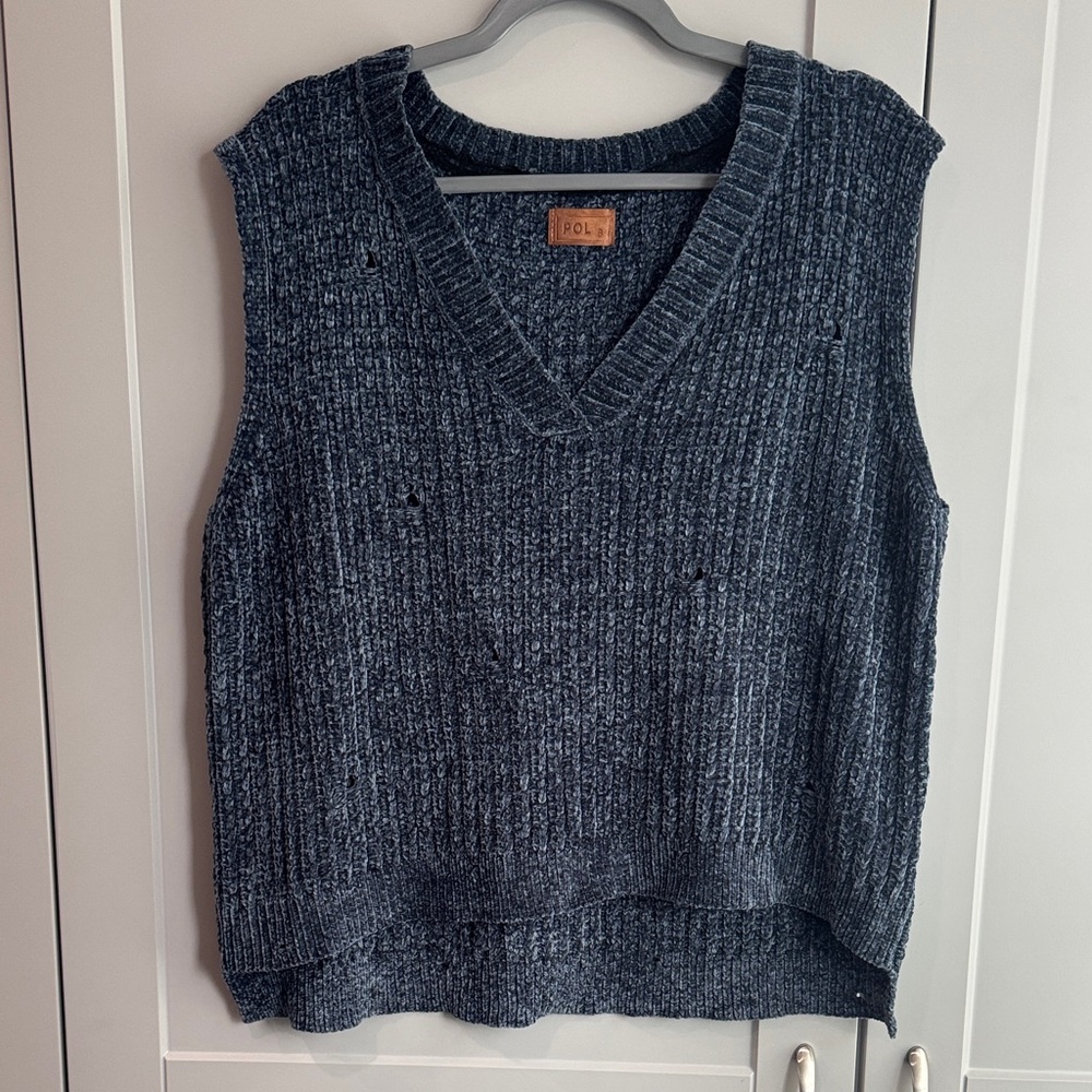 POL Women's V-Neck Distressed Sweater Vest, Blue
